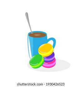 fragrant cup of coffee with delicate macaroons