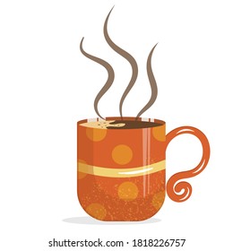 Fragrant Cup of coffee isolated on a white background. Vector illustration in cartoon or detailed flat style. Hot drink in an orange Cup with a texture.