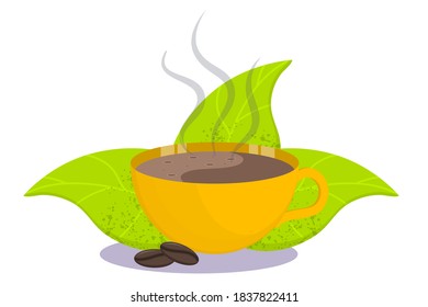 Fragrant Cup of coffee with steam and leaves isolated on a white background. Hot drink in a Cup. Vector illustration in flat cartoon style.