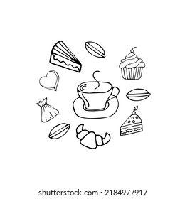 a fragrant cup of tea, coffee with cake, cookies, ice cream, macaroon cake,
dessert set, contour work, hand drawing