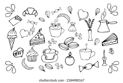 a fragrant cup of tea, coffee with cake, cookies, ice cream, macaroon cake,
dessert set, contour work, hand drawing