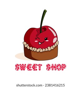 Fragrant delicious sponge cake with red cherry on top. A candy store.