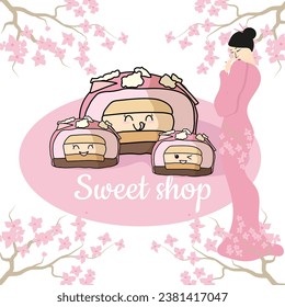 Fragrant delicious sponge pink cake with nuts on top. A candy store. On the background of an Asian girl and sakura.