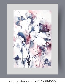 Fragrant field plants with pollen or seeds flying in wind on wall art. Watercolor artwork. Poster with organic wild herbs and plants from botanical reserve, in frame with decor for print