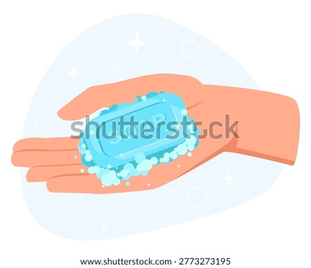 Fragrant foaming soap lies in your hand. Cleanliness and hygiene. Antibacterial detergent froth. Person washing wet palms with foam and water. Health care prevention. Vector concept of washing arms