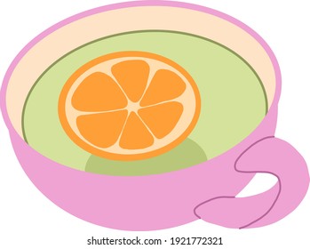 Fragrant green tea with tea bag in a pink mug. Vector hand drawn illustration.