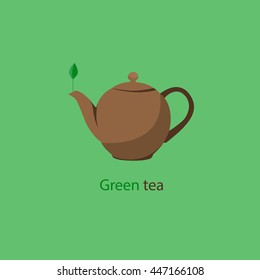 Fragrant green tea. Tea kettle isolated on a green background. Vector illustration.