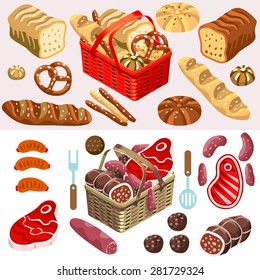 Fragrant Mixed Types of Freshly Baked Bread near a Flat 3d Isometric Basket of Gorgeous Meat Products. Deli Department. Icon. JPG. JPEG. Object. Picture. Image. Graphic. Vector. EPS 10. AI. Drawing