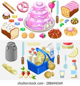Fragrant Mixed Types of Freshly Sweets Baked Cake Candy Flat 3d Isometric Food Basket of Gorgeous Dairy Products Specialty Cakes Department Market Shop. Vector JPEG JPG EPS 10 Image Drawing AI Object