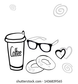Fragrant morning coffee for breakfast, a set of simple graphic drawings in the vector
