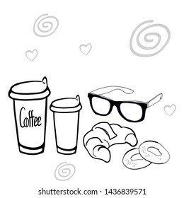 Fragrant morning coffee for breakfast, a set of simple graphic drawings in the vector
