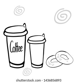 Fragrant morning coffee for breakfast, a set of simple graphic drawings in the vector