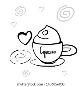 Fragrant morning coffee for breakfast, a set of simple graphic drawings in the vector