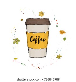 A fragrant morning coffee in a large paper glass. Latte on the background of autumn leaves and drops of watercolor. Hand drawn vector illustration on a white background.