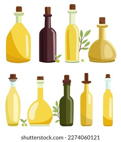 Fragrant olive oil in bottles. Vector flat cartoon ilustration