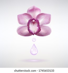 duftende Orchideenblume mit einem Tropfen ätherischen Öls auf hellem Hintergrund