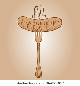 Fragrant sausage on a fork. Sketch scratch board imitation. Black and white.