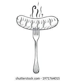 Fragrant sausage on a fork. Sketch scratch board imitation. Black and white.