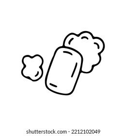 Fragrant soap, foam and soap bubbles. Means for washing the body and personal hygiene. Doodle. Hand drawn. Vector illustration. Outline.