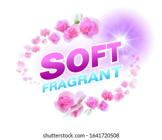 Fragrant softener fabric softener design template for packaging, used as an illustration for fabric softeners, detergents, logos, ironing liquid for products with floral fragrances. Vector EPS file.