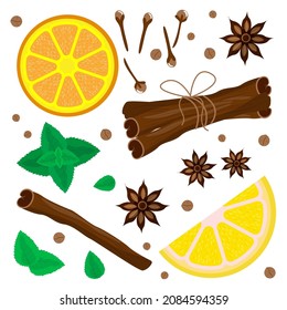 Fondo aromático de especias. Naranja, limón, menta, anís estrellado, clavos, canela. Té marroquí con ingredientes naturales. olor navideño