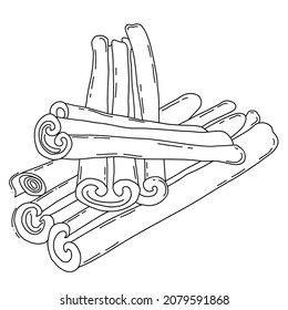 Fragrant spice. Cinnamon sticks. Vector illustration. Large pile of cooking spice cinnamon and mulled wine, linear hand drawing