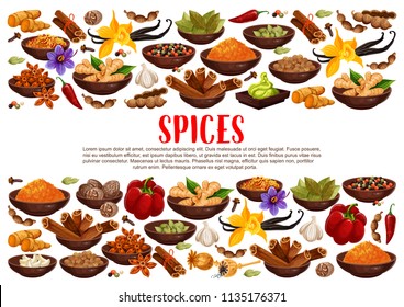 Fragrant spices and condiments from India. Ginger and cinnamon, bay leaves and vanilla, anise star and hot chilli pepper. Piquant curry and nut meg, garlic and saffron, wasabi sauce vector