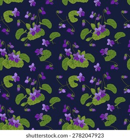 Fragrant violet seamless pattern. Vector illustration. Plant, leaves, and purple flowers. Bush with blooming Viola odorata. Cosmetic, perfume, and medicinal plants. Hand drawn pansy violet background.