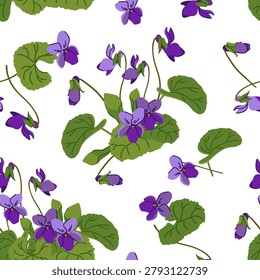 Fragrant violet seamless pattern. Vector illustration. Plant, leaves, and purple flowers. Bush with blooming Viola odorata. Cosmetic, perfume, and medicinal plants. Hand drawn pansy violet background.