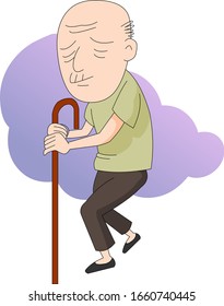 Viejo frágil sosteniendo un bastón Caminando duro.