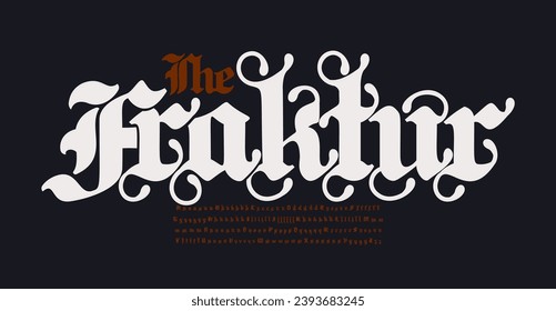 Fraktur Gothic Font. Deutsches mittelalterliches Manuskript-Alphabet mit vielen alternativen Fantasiebuchstaben für historische Schlagzeilen, Monogramme und Logos-Design. Gotische Wunderart. Vektorgrafik.