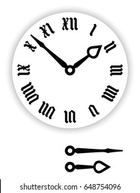 Fraktur Roman numerals clock face. Part of analog clock with black pointers. Dial with blackletter numerals, also Gothic minuscule or Textura. Black and white illustration on white background. Vector.