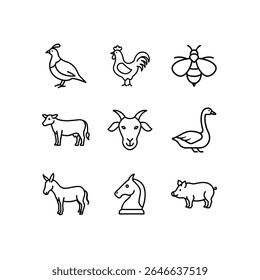 Fram animal line art vector icon set 