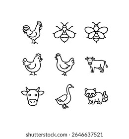 Fram animal line art vector icon set 