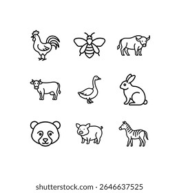 Fram animal line art vector icon set 