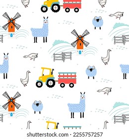 Fram and tractor truck design.Cute tractor and vehicle pattern.tractor pattern design for kids clothing ,card, fabric.tractor truck abstract seamless pattern  