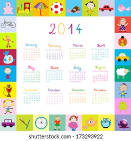 Frame with 2014 calendar with toys