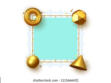 Frame with 3d geometric golden elements with place for text. Art minimal design