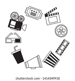 frame 3d glasses speaker popcorn ticket camera cinema movie vector illustration