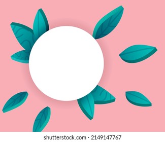 Rahmen mit 3D-Blättern. Botanische Komposition auf rosafarbenem Hintergrund. Tropischer, exotischer Hintergrund. Geometrische Elemente des Sommerfeder-Webbanners oder Poster-Designs, einzelne Vektorgrafik