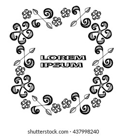 Frame with abstract black line flower with place for text on the white background