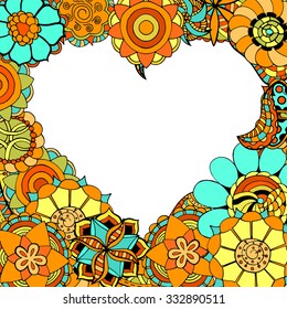 Frame from abstract flowers in the shape of heart. Doodle background. Vector illustration
