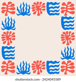 Frame with abstract organic shapes. Vector flat illustration with wavy geometric corals or seaweed. Silhouette of ethnic nature