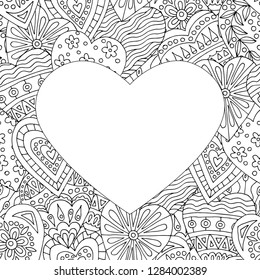 Frame with abstract pattern of hand-drawn hearts doodles for children and adults coloring books, Valentine's day