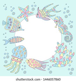 Frame with abstract sea fish, starfish, coral, seahorse, jellyfish, seaweed on green blue background
