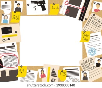 A frame with the advancement of a detective investigation on a cork board. There are many of witnesses and suspects on the board, as well as evidence. There is room for text. Flat vector illustration.