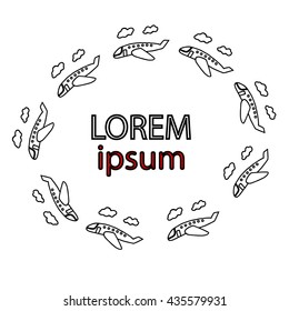 Frame with airplane and clouds. Vector illustration for card, invitation, posters, texture backgrounds, placards, banners.