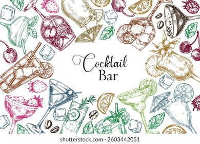 frame of alcoholic cocktails, vector illustration in sketch style