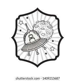 frame with alien spacecraft in space with white background