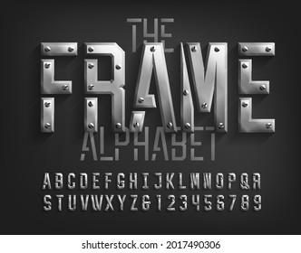 Frame alphabet font. Beveled metal letters and numbers with screws. Stock vector typeface for your typography design.